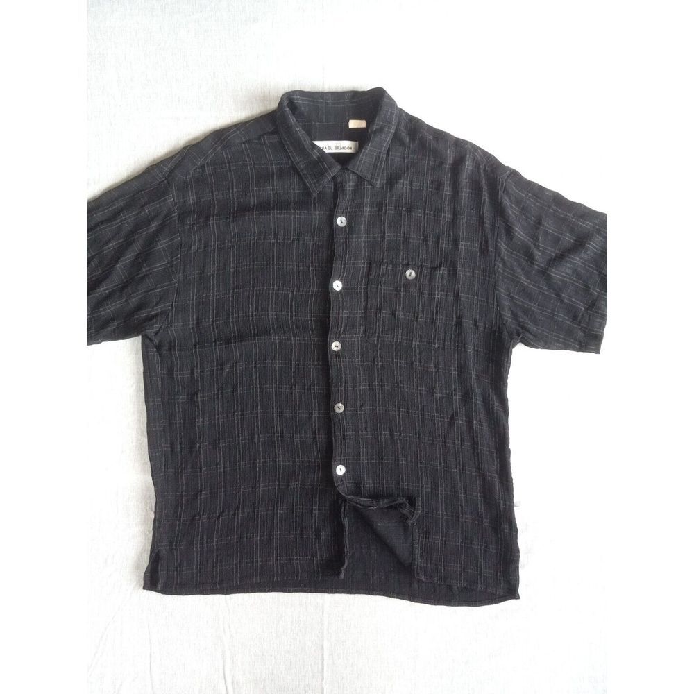 Michael Brandon Men XL Blended Fabric Short Sle Buttons Plaid Black Shirt USA